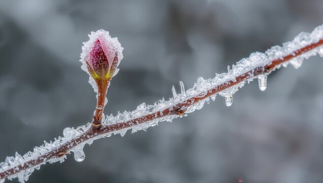Frosted tree bud on a branch adorned with ice crystals, seasonal change - Powered by Adobe