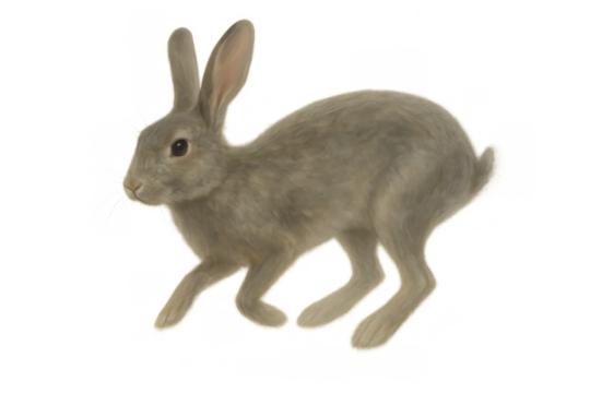 Young gray wild rabbit hopping, running with long ears, furry mammal. Cute pet animal illustration with transparent background