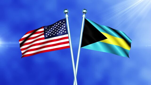 USA and Bahamas Flag Waving On Pole Loop