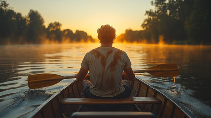 Man rows a canoe on a serene river at sunset surrounded by mist and trees ai, canoe, sunset, river, mist, trees, water, paddling, solitude, nature, tranquility, outdoors, reflection, scenery, recreati