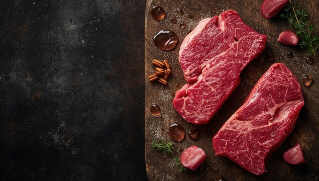 Raw flat iron and top blade beef steaks on a butcher's table, suitable for meat preparation,