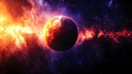 Obraz premium Colorful cosmic scene showcases a distant planet surrounded by vibrant nebula and stars in deep space