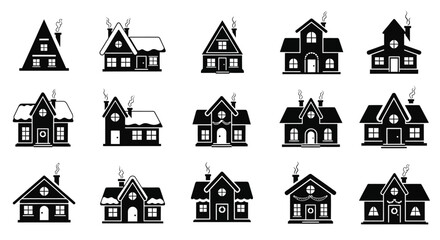Silhouette Black Minimal Christmas House Icons Vector Set – Cozy Winter Home Symbols, Simple Holiday Graphics, and Seasonal Design Elements