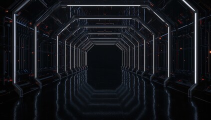 Neon glowing lamps illuminating a dark tunnel, reflecting on surfaces, emphasizing a futuristic technology theme