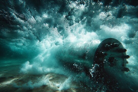 Underwater view of a large pipeline on the seabed with powerful ocean waves and churning water