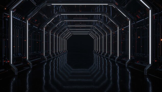 Neon glowing lamps illuminating a dark tunnel, reflecting on surfaces, emphasizing a futuristic technology theme