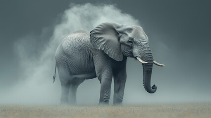 Obraz premium Majestic elephant stands amidst mist in an open landscape during early morning hours ai, elephant, mist, wildlife, nature, morning, landscape, fog, majestic, animal, habitat, gray, tusks, ears, tranqu