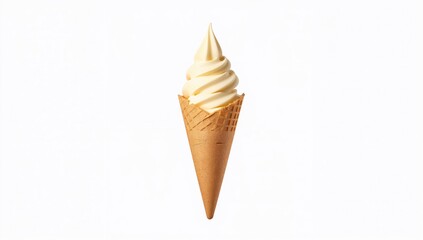 Vanilla ice cream served in a sugar cone on a plain white backdrop, a sweet treat with high sugar content