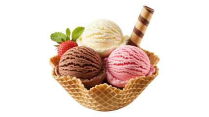 Colorful Ice Cream Scoops in Wafer Bowl with Strawberry and Wafer Stick on Transparent Backdrop for Decadent Dessert Presentation