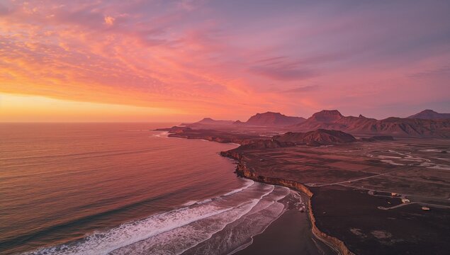 Aerial view of Cofete beach and mountains of Jandia peninsula during sunset, showcasing seasonal change