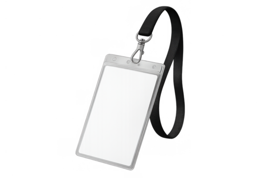 Blank id card holder with black lanyard, identity name tag badge for access and event pass mockup, transparent background