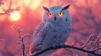 Majestic snowy owl perched on a branch during a vibrant sunset in a wintry landscape ai, snowy, owl, sunset, nature, wildlife, winter, serene, colors, orange, eyes, branch, frost, bird, watching, avia