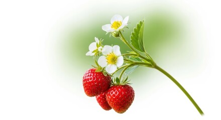 Fresh red strawberries with white flowers isolated on white background