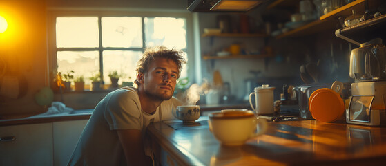 Morning coffee ritual in a sunlit kitchen with a reflective young man enjoying a quiet moment ai, morning, coffee, kitchen, sunlight, man, peaceful, reflection, warm, tranquility, steam, cup, wooden,