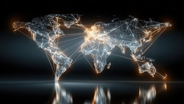 Glowing digital world map with interconnected lines, reflecting on a dark surface