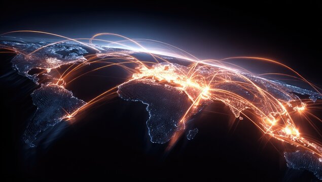 Glowing network lines connecting major cities across a 3D Earth map against a dark background