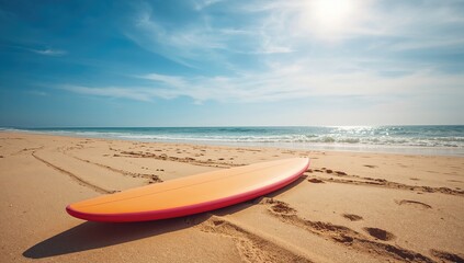 Surfboard on sandy shore, ideal for water sports activities