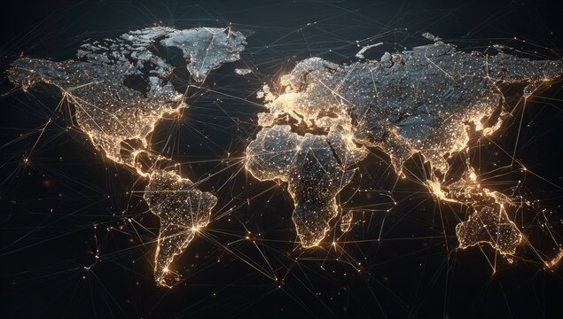 Illuminated digital map of Earth with glowing cities and interconnected network lines