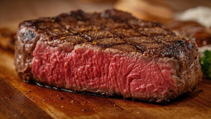 Fototapeta premium Close-up of medium rare beef steak, protein-rich meal