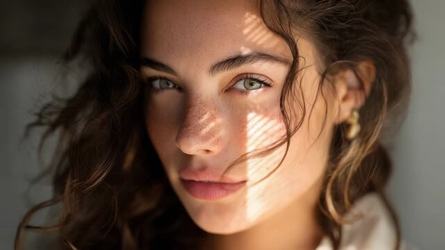 Close-up of a young woman with wavy brown hair and green eyes, light casting striped shadows across her face.