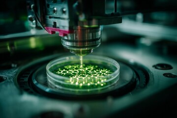 Microscopic laser technology forming intricate molecular patterns in a laboratory setting