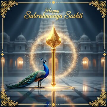 Majestic peacock and golden spear in temple courtyard for subrahmanya sashta festival