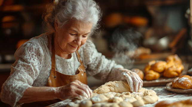 Grandmother baking bread in a rustic kitchen while shaping dough and smiling warmly at her work ai, baking, bread, grandmother, kitchen, dough, rustic, cooking, handmade, rolls, flour, elderly, warm,
