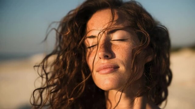 Close-up of a freckled woman with wind-tossed hair, eyes closed, savoring a warm sea breeze on a sunny beach.