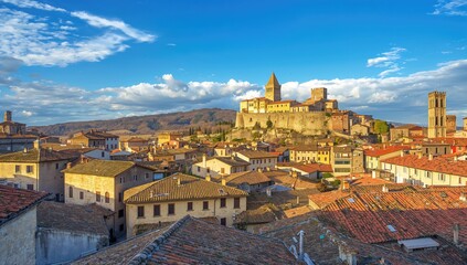 Obraz premium Panoramic view of a medieval town, showcasing historical architecture, urban density