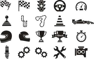 Naklejka premium Racing Icons Black and White Illustration Set for Motorsport Enthusiasts