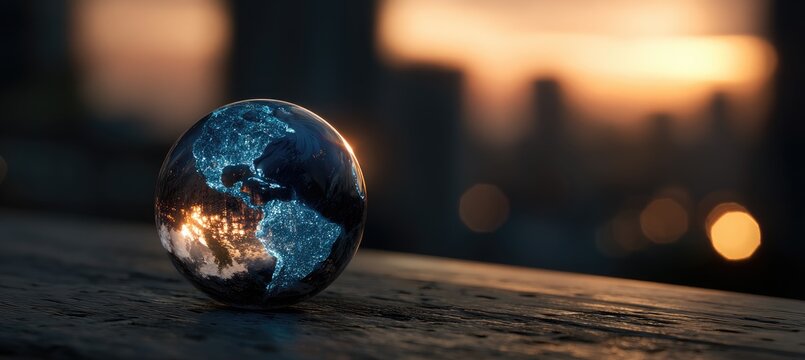 A glowing glass globe of Earth with city lights, atop a surface, against a sunset skyline - Powered by Adobe