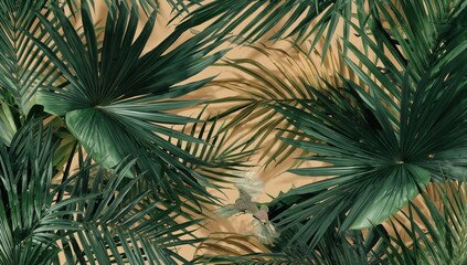 Tropical floral foliage palm leaves repeating design on a beige backdrop, suitable for editorial header background