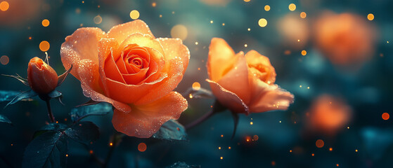Beautiful orange roses with droplets in a serene garden at dusk ai, orange, roses, garden, evening, flowers, nature, bokeh, droplets, beauty, serenity, tranquility, foliage, bloom, summer, petals, pea