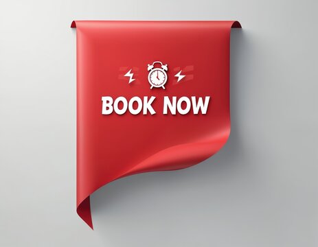 Red banner says BOOK NOW with alarm clock icon and lightning bolts. This graphic promotes fast booking or urgent offer. A web element for special sale events or limited time actions. Business concept.
