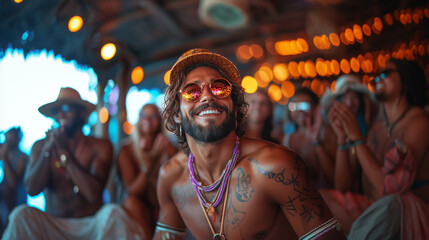 Enjoying a vibrant celebration with friends at a beachside venue during sunsetai, beach, celebration, friends, sunset, joy, gathering, venue, lights, casual, attire, smiling, festival, music, ocean, c