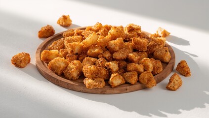 Wooden board featuring savory croutons on a white backdrop, ideal for enhancing salads