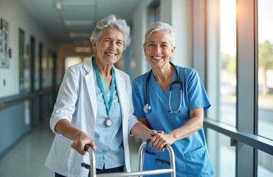 Two smiling senior women, doctor, nurse, stand together in bright hospital corridor. Both medical professionals use walkers, representing experienced healthcare staff. Promote empathy,