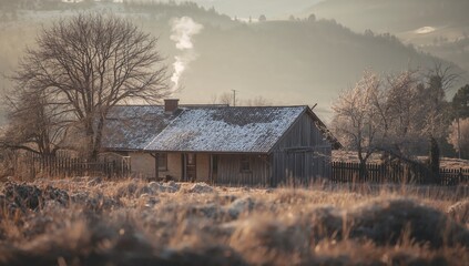 Fototapeta premium A serene winter landscape features a quaint home alongside frosty trees and a rustic wooden fence, emphasizing seasonal tranquility