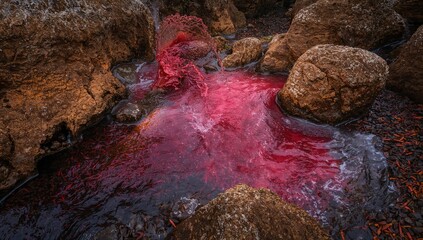 Red water on rocky beach, erosion risk