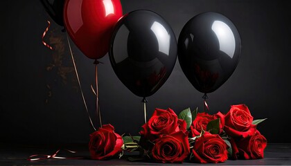 Elegant Black And Red Balloons With Red Roses And Confetti Celebration Still Life Dark Background Dramatic Lighting