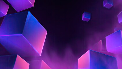 Glowing geometric cubes float against a dark backdrop, illuminated in vivid blue and purple hues