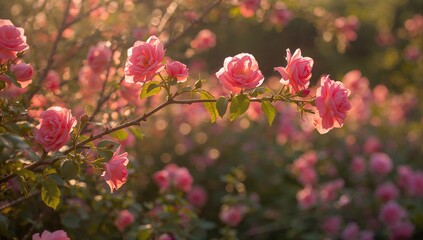 A branch adorned with pink roses in a blooming garden during spring, highlighting seasonal beauty