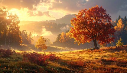 Fototapeta premium Golden Autumn Landscape at Sunrise With Warm Sunlight Illuminating A Majestic Oak Tree And Rolling Hills Under A Hazy Sky