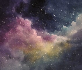 Fototapeta premium Abstract watercolor depiction of a starry night with clouds and vibrant, pastel hues