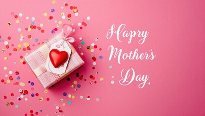Mother's Day celebration featuring a pink background, unexpected gift box, realistic red heart, and cheerful message for mum, festive surprise