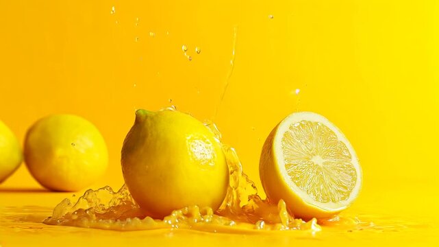 lemon squeezed squirting lemons isolated on yellow background