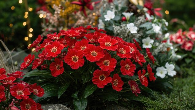 Red flowers accented by white blooms, vibrant garden display, seasonal celebration - Powered by Adobe