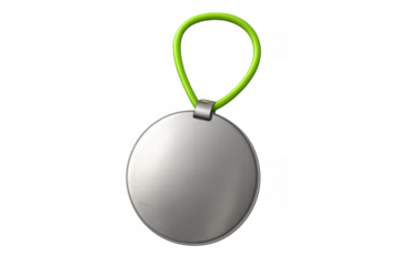 Blank round metal keychain tag with a green loop, ideal for branding, customization, and identification