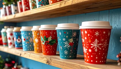 Colorful holiday-themed coffee cups arranged on a shelf, perfect for seasonal beverage scenes. cup