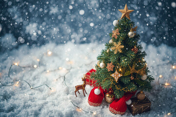 Christmas tree with mini small Christmas hat, reindeer, gift box with light decoration in winter snowflake glitter background